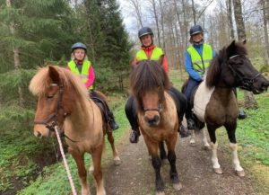 tre glada ryttare testar på skogsstigarna runt om gården